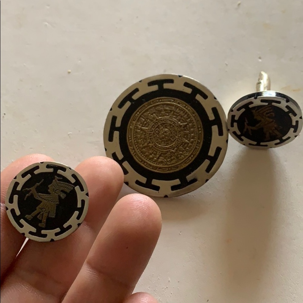 Silver Mexican made sundial cuff link brooch set